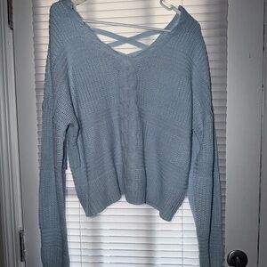 Women's Light Blue V-Neck Cable Knit Sweater with Crisscross Back
